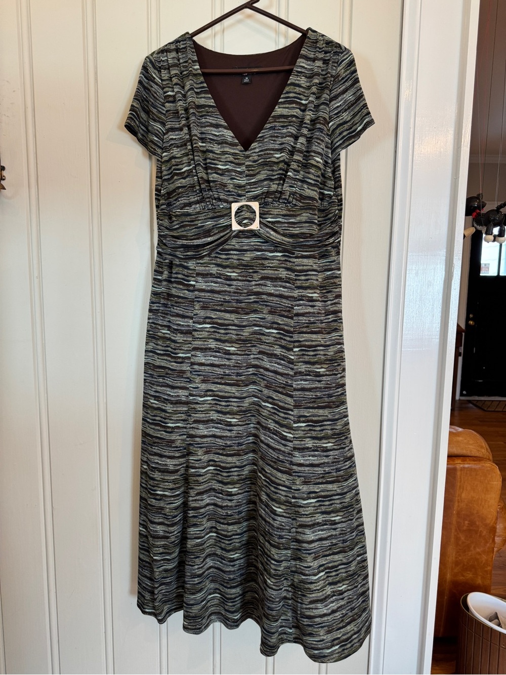 Women's Striped V-Neck A-Line Maxi Dress Olive Black Brown Rouched Y2K